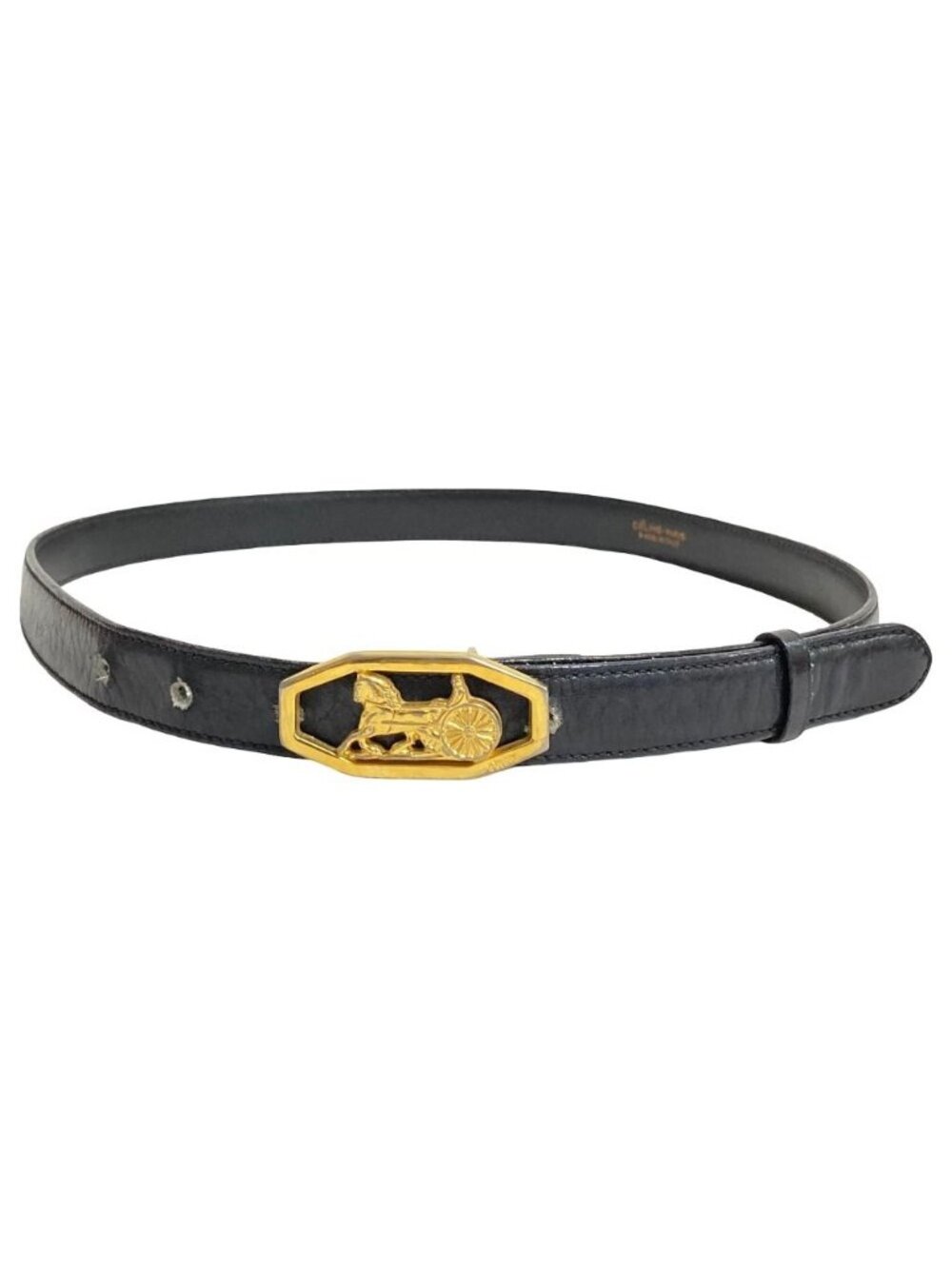 Celine Horse Carriage Leather Narrow Belt 70 Gold Colored Black